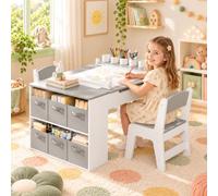 MAMIZO Table pour Enfant avec 2 Chaises, Bureau Enfant en Bois, Gris | Bureau avec Rangement pour Fille Garcon 3+ Ans, Table a Dessin avec Rouleau de Papier pour Jouer Dessiner
