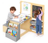 MAMIZO Table pour enfant avec chaise, table en bois réglable en hauteur avec banc et étagères de rangement