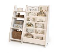 MAMOI Étagère à livres et jouets pour enfants, étagère fonctionnelle 2 en 1, organiseur avec étagères et poches en tissu, bibliothèque pour enfants, meuble de style Montessori 100 % écologique
