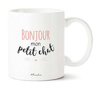 Manahia - Mug Chat - Rose - Cadeau Mignon - Amour ou Amitié | Bonjour mon petit chat - Tasse femme - Cadeau mignon copine - Saint-Valentin & Noël - Boîte kraft - Imprimée en France