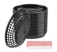 MANCHAP Lot de 50 paniers de restauration rapide noirs en plastique avec 100 doublures à carreaux, paniers alimentaires ovales pour service de restauration rapide, hot-dogs, hamburgers