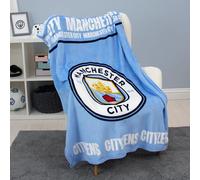 Character World Couverture polaire Manchester City | Super douce, motif blason de football | Motif texte en gras bleu et blanc | Couverture chaude super douce au toucher | Parfaite pour la maison, la