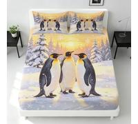 Manchot Empereur Drap Housse 140 x 200 Bonnet 30 cm Élastique | Scènes D'hiver Enneigées Drap-Housse 1 Personne, Antidérapant Parure de lit, Inclus 2 Taies d'oreiller
