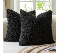Mandioo Lot de 2 Housses de Coussin Noir 40 x 40 cm Fausse Fourrure Bouclé Sherpa Épaisse Décorative Taie d’Oreiller Douce pour Canapé Lit Salon