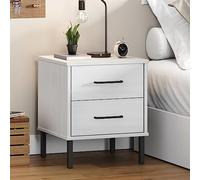 Mandloder Table de chevet Oslo - Blanc - Bois massif de pin - 40 x 35 x 48,5 cm - Avec 2 tiroirs - Pieds en métal - Design moderne - Meuble de chambre à coucher