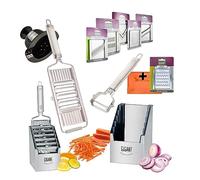 Mandoline à légumes 4 compartiments Gigant Multi Trancheuse Muxels Super Mega Set avec 6 autres inserts en acier inoxydable dans une boîte multifonction pratique + éplucheur multifonction