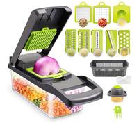 Mandoline multifonction 13 en 1 : 2 lames, 7 râpes, trancheuse, séparateur d'œufs et égouttoir, lames en acier inoxydable, Vert
