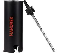 Mandrex Scie cloche XtraDeep avec profondeur de coupe de 165 mm et dents en métal dur pour bois, MDF et Rigips (scie cloche Ø 102 mm, avec support et foret de centrage)