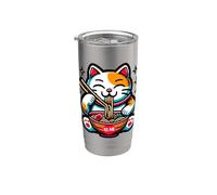 Maneki-Neko Chat de bonne chance mangeant des ramen drôle Gobelet isotherme en acier inoxydable double paroi