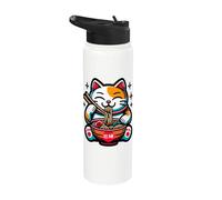 Maneki-Neko Chat de bonne chance mangeant des ramen drôle Stainless Steel Insulated Water Bottle