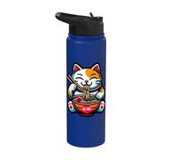 Maneki-Neko Chat de bonne chance mangeant des ramen drôle Stainless Steel Insulated Water Bottle