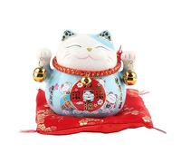Maneki Neko Japonais, Statuette Chat, 4,5 Pouces Porte-Bonheur en Tirelire Chat avec Cloches, Céramique Apporter Chance Bon Souhait Cadeau De Décoration, pour Voiture Maison Bureau(Cat Bleu)