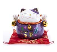 Maneki Neko Statuette Japonaise Mauve - Tirelire Porte-Bonheur Traditionnel | Traditions d'Asie - 10X12X9 cm - Porcelaine - Idée Déco et Cadeau Japon Asie - Fortune, Chance et Bonheur