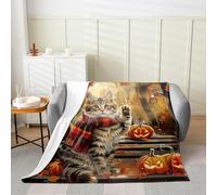 Manfei Couverture en flanelle douce et respirante à motif chat mignon et feuilles d'érable sur le thème de l'automne et de l'Halloween, jeté confortable pour lit, canapé, décoration de chambre