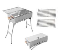 Mangal Barbecue à charbon de bois avec couvercle en acier inoxydable pliable + 20 brochettes 50 cm 1,5 mm Barbecue au charbon de bois portable compact BBQ