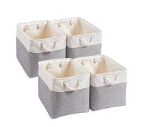 Mangata Boîtes de Rangement,(33x38x33cm) Grandes Paniers de Rangement pliable en toile avec poignées en corde Pour Vêtements / étagère(Gris/Blanc, Lot de 4)