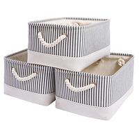 Mangata Boîtes de rangement en tissu, 5 Tailles Rectangulaire Panier de rangement dressing, 3 Paquet(Moyen, Rayures grises)