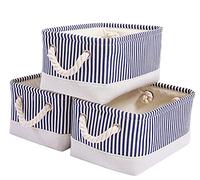 Mangata Boîtes de rangement en tissu, 5 Tailles Rectangulaire Panier de rangement dressing, 3 Paquet(Petite, Rayures bleues)