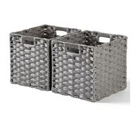Mangata Lot de 2 Cubes de Rangement en Imitation Rotin 31 x 31 x 31 cm, Paniers Décoratifs avec Poignée, Pliables, Imperméables, Anti-moisissure, pour Armoire et Etagère（Gris）
