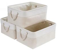 Mangata Lot de 3 boîtes de rangement en tissu - Grand panier de rangement lavable - Pour armoire, étagère et vêtements (beige clair/blanc, taille L)