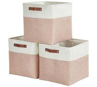 Mangata Lot de 3 boîtes de rangement pliables en lin tissé avec poignées en cuir 25 cm (rose et blanc)