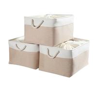 Mangata Panier Rangement, Boite de Rangement Tissu Grand rectangulaire Dressing avec poignée pour Jouets, Armoire (Set of 3, XL, Kaki Clair Blanc)