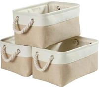 Mangata Panier Rangement, Boite de Rangement Tissu rectangulaire Dressing avec poignée pour Jouets, Armoire (Set of 3, Pliable, Moyen,Kaki Clair Blanc)