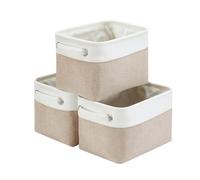 Mangata Petite Panier de Rangement Lot de 3, boites de Rangement en Tissu avec Poignée pour Étagères, Placard, Jouets (Pliable, Blanc Kaki Clair)