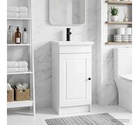 Mangloder Armoire de salle de bain avec lavabo - En bois blanc brillant - 42 x 40 x 84,5 cm - Avec espace de rangement et boutons en métal - Pour meubles de salle de bain, WC invités, étagère et