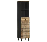 Mangloder Armoire Salle de Bain Bois Massif de manguier 38x33,5x160 cm avec tiroir et étagère, Pieds Robustes en Fer, Rangement Pratique pour sdb, Meuble Suspendu, Style rétro sculpté