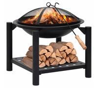 Mangloder Brasero noir avec tisonnier en acier 54 x 54 x 55 cm avec couvercle en grille, étagère pour bois de chauffage, pour jardin et terrasse, chaleur décorative pour l'extérieur