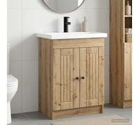 Mangloder Ensemble de mobilier de Salle de Bain Chêne Artisanal avec Meuble lavabo Vasque, Armoire Rangement, Porte et étagère, Colonne Suspendue, Miroir Compact, robinetterie, Siphon