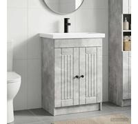 Mangloder Ensemble de mobilier de Salle de Bain Gris béton avec Meuble lavabo Vasque, Armoire Rangement, Porte, étagère, Colonne, tiroir, Miroir Mural, robinetterie, Siphon
