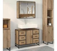 Mangloder Ensemble Meuble Salle Bain 2 pcs chêne Artisanal avec Vasque et Miroir, Rangement Suspendu Mural, tiroir et étagère, Design Gain Place pour Toilette et buanderie
