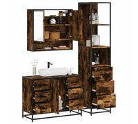 Mangloder Ensemble Meuble Salle de Bain 3 pcs chêne fumé Bois d'ingénierie métal Armoire Miroir Vasque Colonne Rangement Mural pour sdb Toilette buanderie