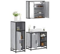 Mangloder Ensemble Meuble Salle de Bain 3 pcs Sonoma Gris Bois d'ingénierie métal avec Miroir Armoire Vasque Colonne Rangement Pratique pour sdb Toilette buanderie
