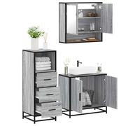 Mangloder Ensemble Meuble Salle de Bain 3 pcs Sonoma Gris Bois d'ingénierie métal Verre Armoire Vasque Miroir Colonne Rangement Suspendu sous Placard pour sdb Toilette