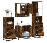 Mangloder Ensemble Meuble Salle de Bain 4 pcs chêne fumé Bois ingénierie Armoire Miroir Vasque Colonne Rangement Suspendu pour sdb Toilette buanderie