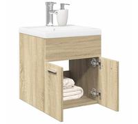 Mangloder Ensemble Meuble Salle de Bain chêne Sonoma 2 pièces avec lavabo céramique Blanc, Rangement Pratique sous Vasque, Armoire Suspendue pour sdb Toilette buanderie Douche