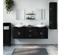 Mangloder Ensemble Meuble Salle de Bain Noir en Bois d'ingénierie 7 pièces Mural avec Armoire Vasque, Miroir, étagères, Rangement Pratique pour sdb, Toilette, buanderie, Douche,