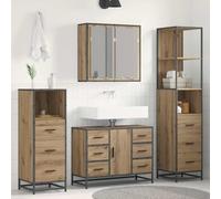 Mangloder Ensemble mobilier Salle de Bain 4 pcs chêne Artisanal Bois d'ingénierie 80x33x60 cm Rangement tiroir Miroir Colonne Suspendu Mural pour sdb Toilette buanderie