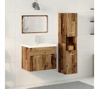 Mangloder Ensemble mobilier Salle de Bain en Bois d'ingénierie Marron avec lavabo Miroir Colonne et étagère 4 Portes Suspendu pour sdb Toilette Douche buanderie