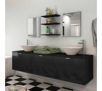 Mangloder Ensemble mobilier Salle de Bain Noir 8 pièces avec Armoire lavabo Mural 180x45x45 cm, 2 lavabos céramique Blanc, 2 miroirs 50x40 cm, 3 étagères 20x20 cm pour Rangement et aménagement