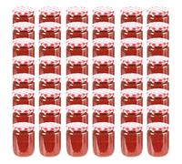Mangloder Lot de 48 bocaux à confiture avec couvercles blancs et rouges de 230 ml - 6,5 x 9 cm - Large ouverture pour la conserve, le stockage, le service dans la cuisine et le petit-déjeuner
