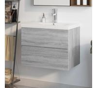 Mangloder Meuble de lavabo gris Sonoma en bois avec bac encastré en céramique 60 x 38,5 x 45 cm Montage mural Meuble de salle de bain avec tiroir d'espace de rangement et trop-plein pour organiser et