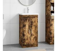 Mangloder Meuble de Salle de Bain avec lavabo Vasque en Bois d'ingénierie Chêne fumé 42 x 40 x 84,5 cm avec Armoire de Rangement, Porte, tiroirs, Colonne, Miroir, robinetterie et Siphon