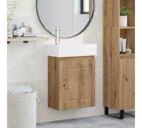 Mangloder Meuble de Salle de Bain avec Robinet en chêne Artisanal, Meuble lavabo Mural avec Rangement, Porte réversible et Siphon, idéal pour optimiser Espace et Organisation