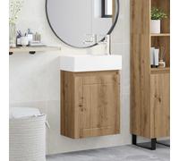 Mangloder Meuble de salle de bain en chêne Artisan avec lavabo en céramique, robinet argenté, bonde poussoir, espace de rangement, montage mural, porte réversible, commode pour salle de bain, WC