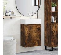 Mangloder Meuble de Salle de Bain Mural avec Robinet mélangeur en Argent, Armoire de Rangement en Bois reconstitué Chêne fumé, lavabo en céramique Blanc, Montage réversible