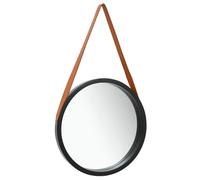 Mangloder Miroir mural avec ceinture 40 cm rond noir, miroir vintage en bois de paulownia et cuir synthétique, miroir suspendu pour chambre à coucher, salon, couloir, salle de bain, décoration murale